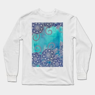 Mermaid's Garden - Navy & Teal Floral on Watercolor Long Sleeve T-Shirt